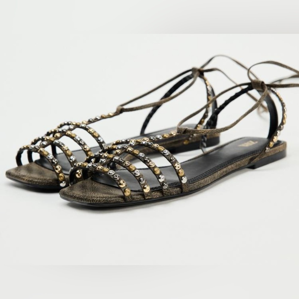 NWT ZARA LEATHER SQUARE TOE LACE UP SANDALS - Picture 5 of 11